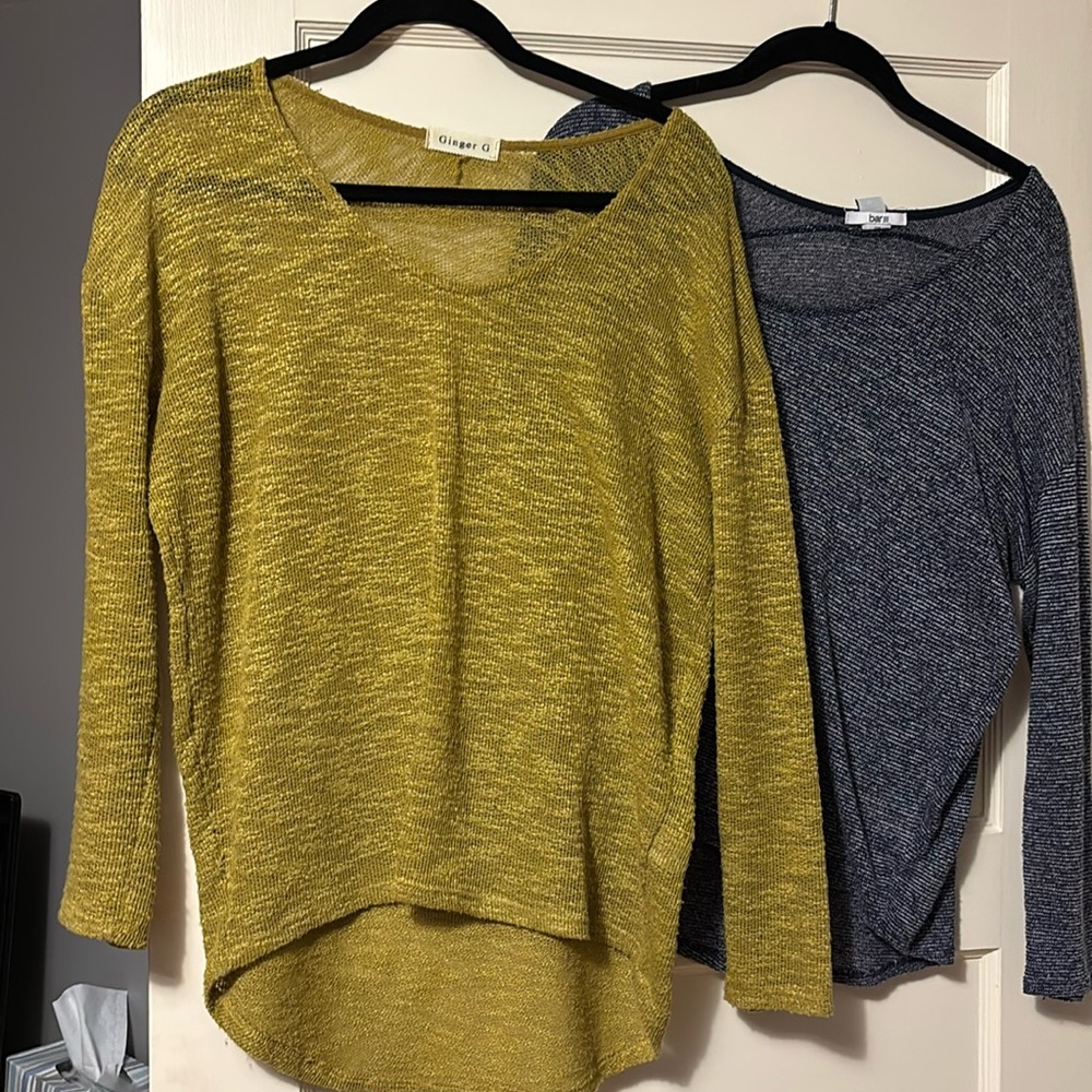 Two lightweight sweaters. One chartreuse and one blue/white. Size M